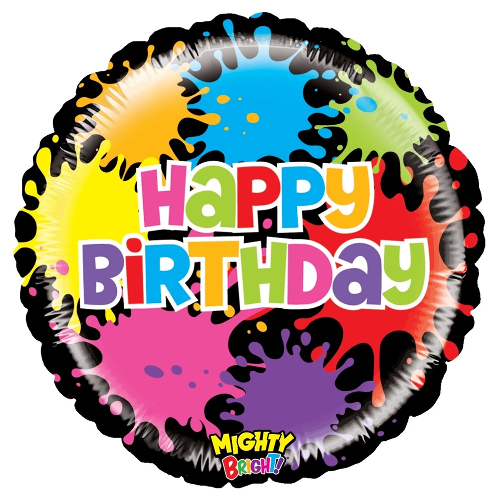 Round foil balloon with colorful paint splatters and bold "Happy Birthday" text in mixed bright colors.