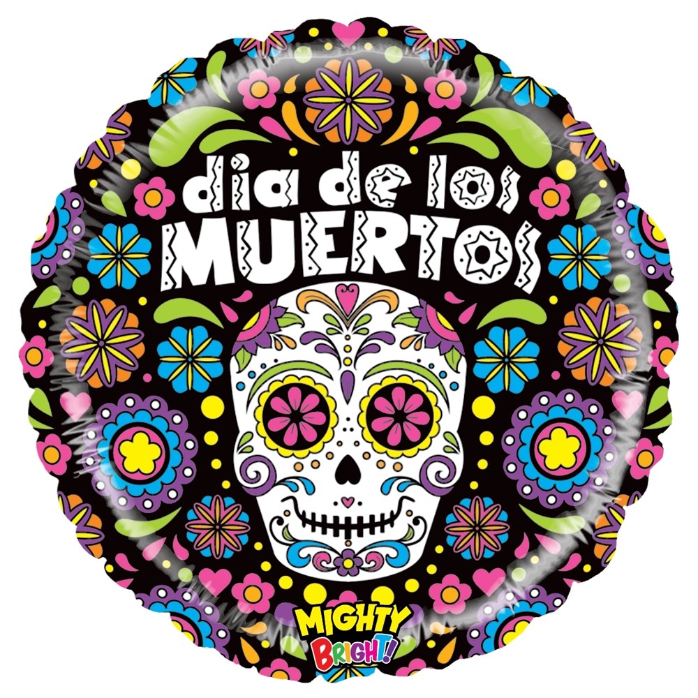 Round black foil balloon with colorful sugar skull and floral patterns, "dia de los MUERTOS" text in white, 21 inches.