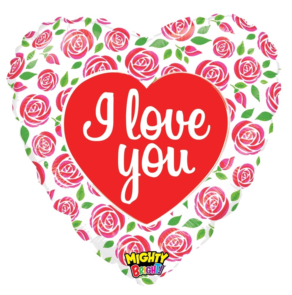 White heart-shaped foil balloon with pink rose pattern and red heart center reading "I love you" in white text.
