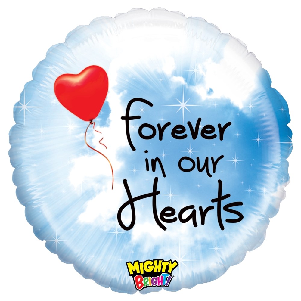 Round foil balloon with blue sky and white clouds background, red heart-shaped balloon, and black text reading "Forever in.