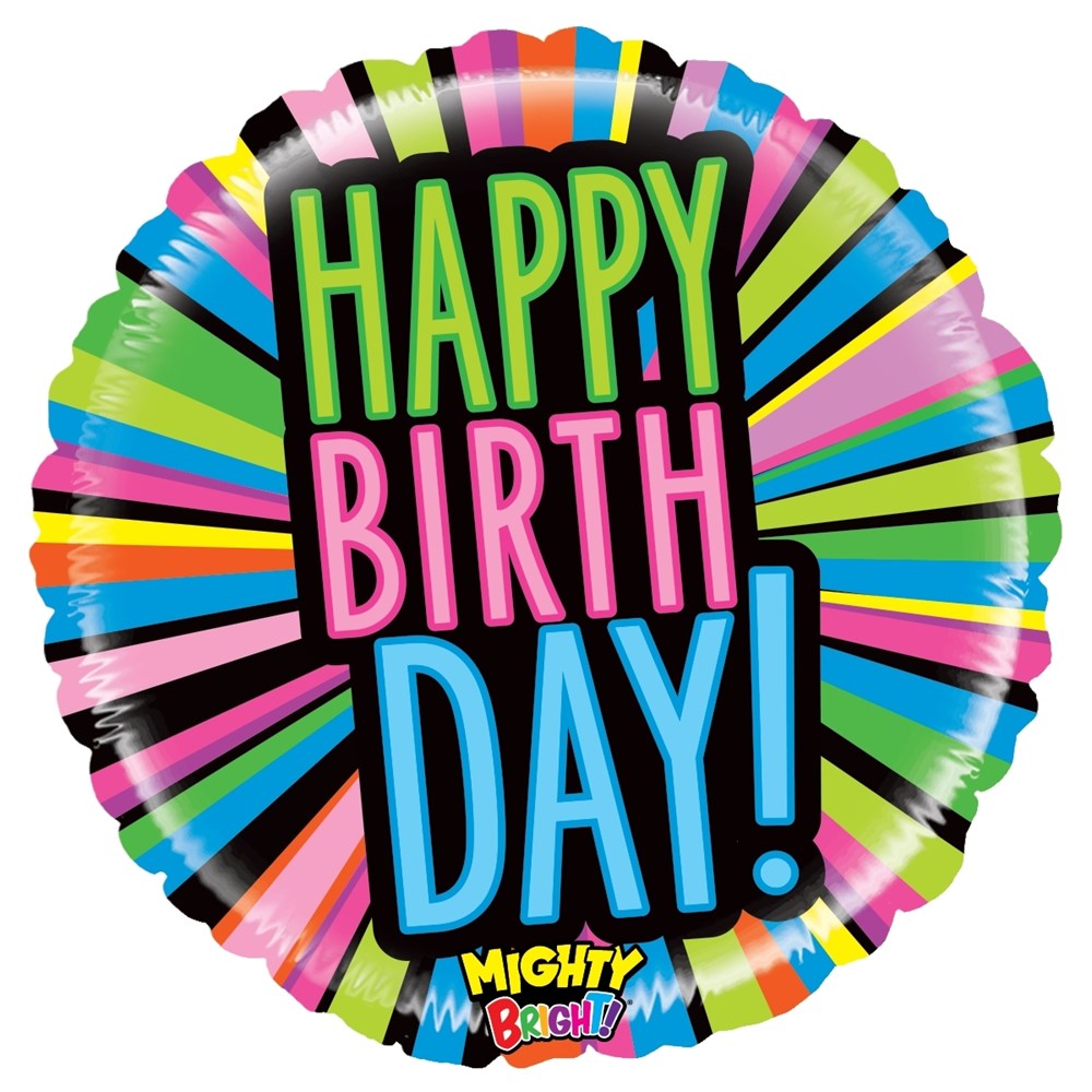 Round foil balloon with colorful striped border and bold "Happy Birthday!" text in green, pink, and blue on black background.