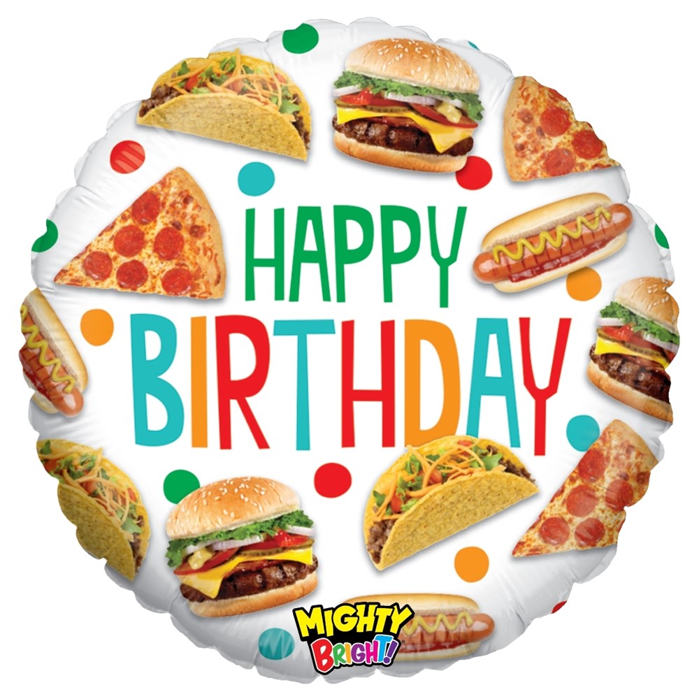 Round white foil balloon with colorful "Happy Birthday" text surrounded by images of pizza slices, cheeseburgers, tacos, and