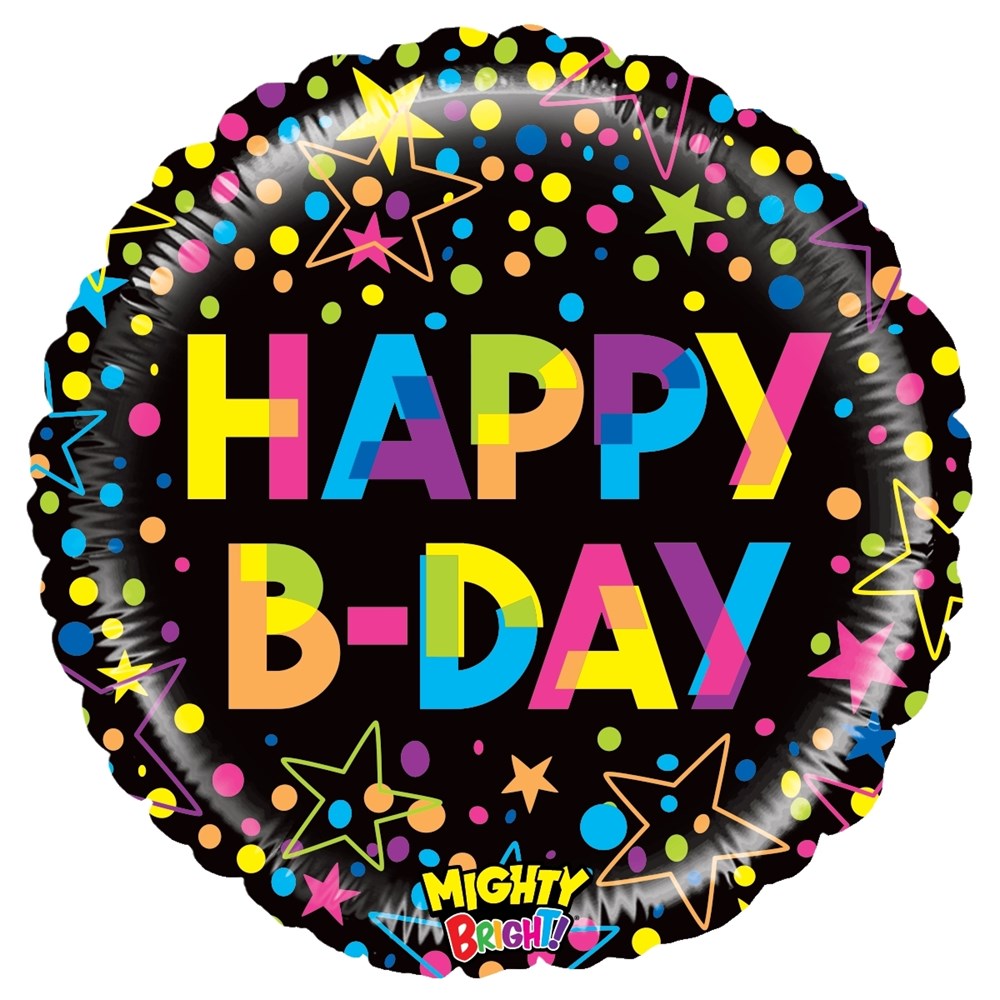 Round black foil balloon with colorful "HAPPY B-DAY" text and multicolored stars and dots design.