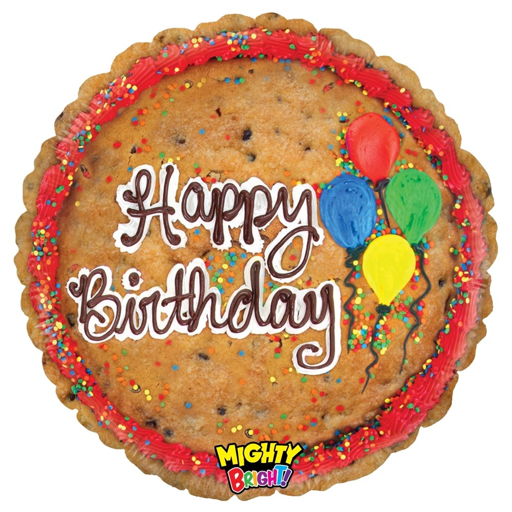 Round 21-inch chocolate chip cookie cake with red frosting border, sprinkles, "Happy Birthday" script, and colorful balloon.