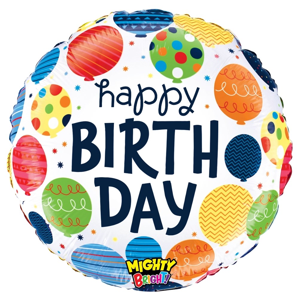 Round 21-inch foil balloon with colorful patterned balloons and "Happy Birthday" text in bold navy letters.