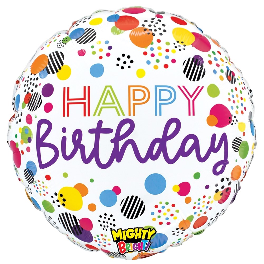 Round white foil balloon with colorful confetti dots and "Happy Birthday" in multicolored letters.