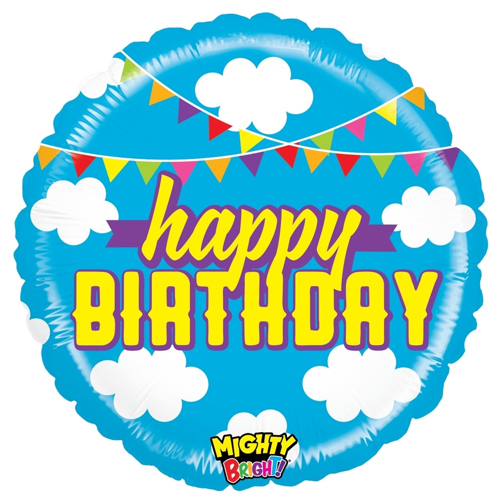 Round blue foil balloon decorated with white clouds, colorful pennant flags, and "Happy Birthday" in bold yellow letters.
