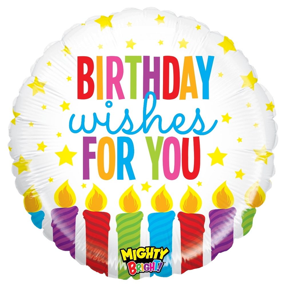 Round white foil balloon with colorful "Birthday Wishes For You" text, yellow stars, and seven lit candles at the bottom.