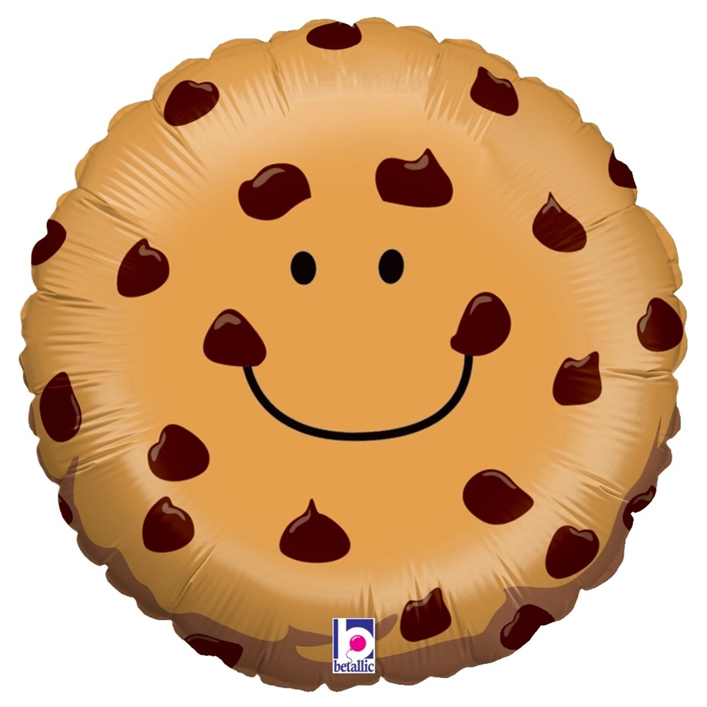 Round light brown balloon resembling a chocolate chip cookie with smiling face and dark brown chips.