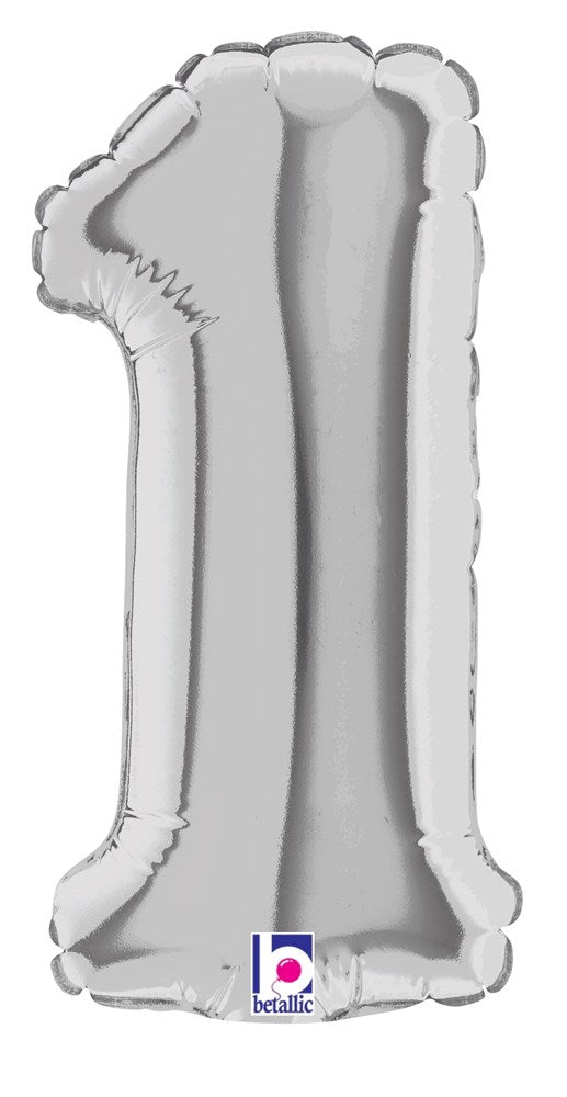 Silver metallic number 1 balloon, 7-inch air-filled foil with scalloped edges.