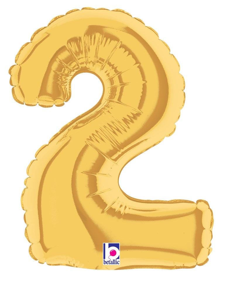 Gold foil balloon shaped like the number 2, 7 inches tall, air-filled with a shiny metallic finish.