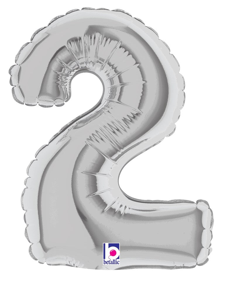 Silver foil balloon shaped like the number 2, 7 inches tall, air-filled with reflective surface.