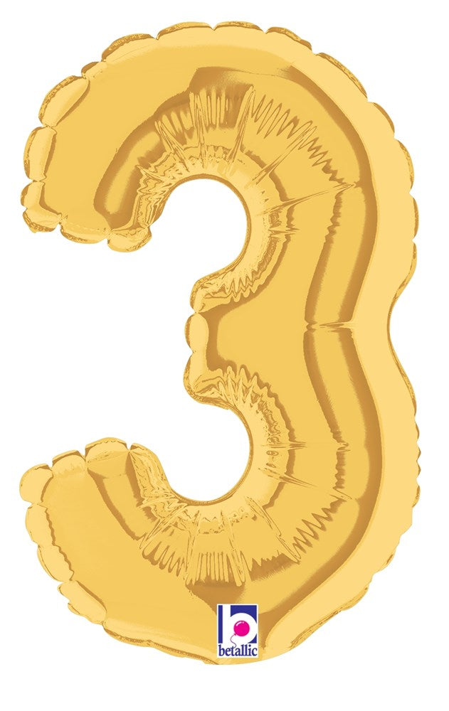 Gold foil balloon shaped like the number 3, 7 inches tall, air-filled and shiny.