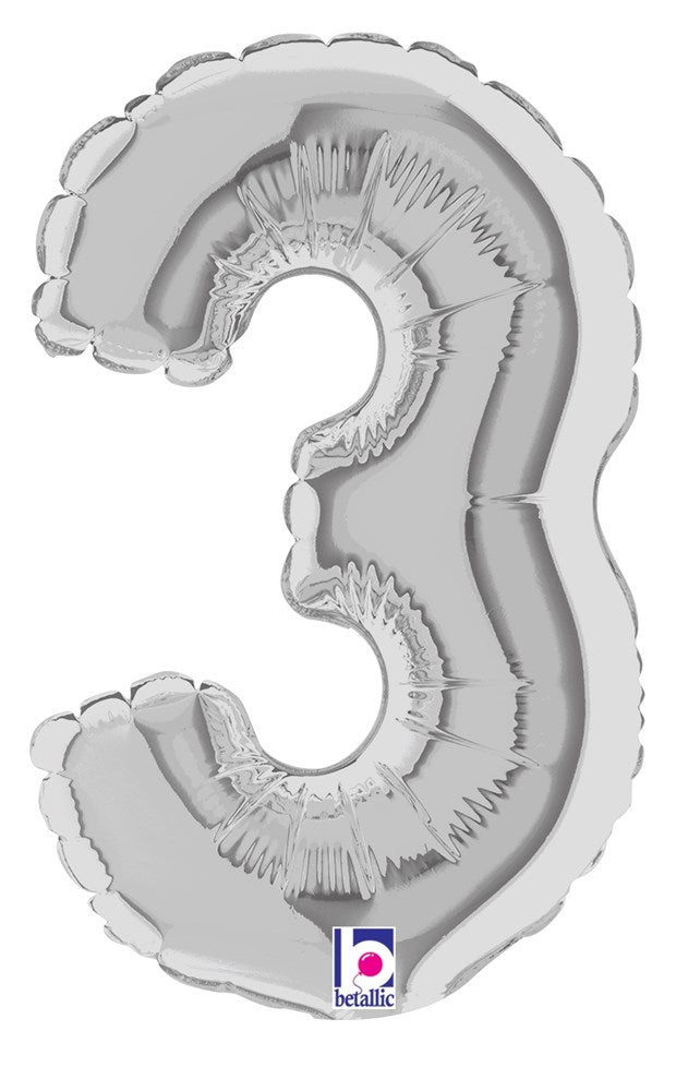 Silver foil balloon shaped like the number 3, 7 inches tall, air-filled with a shiny surface.