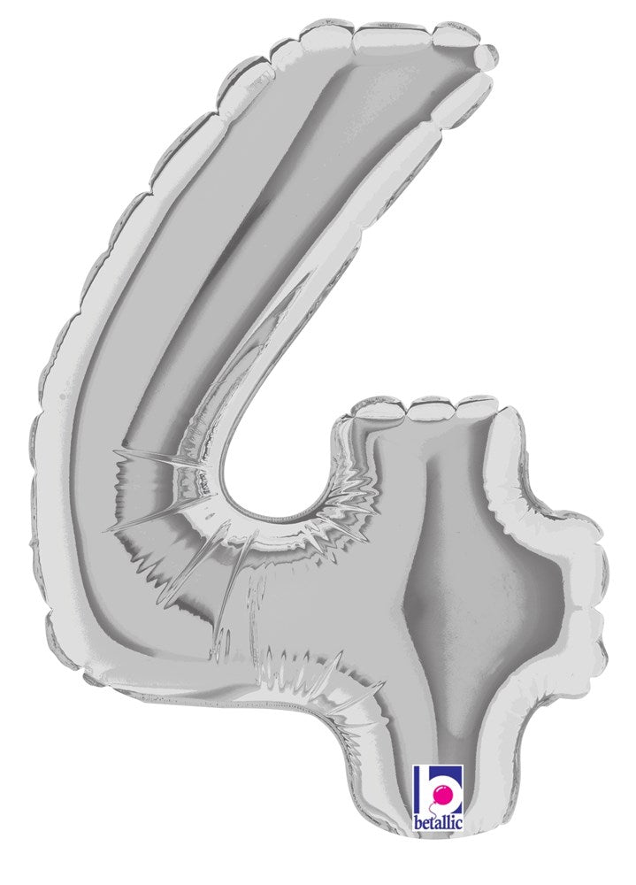 Silver 7-inch shiny foil balloon shaped like the number 4, air-filled with smooth surface and reflective finish.