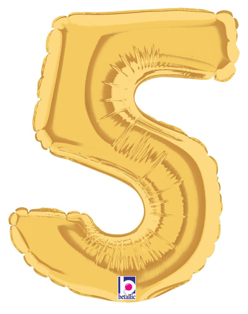 Gold air-filled foil balloon shaped like the number 5, 7 inches tall with a shiny surface.