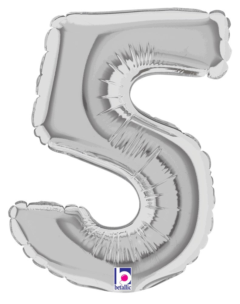 Silver metallic foil balloon shaped like the number 5, air-filled, 7 inches tall.