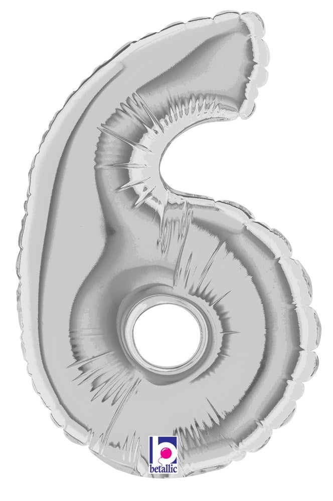 Silver metallic number 6 balloon, 7-inch air-filled foil with a shiny finish.