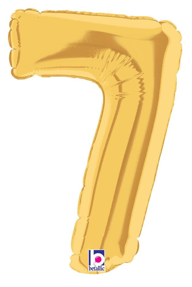 Gold metallic foil balloon shaped as the number seven, 7 inches tall, air-filled.
