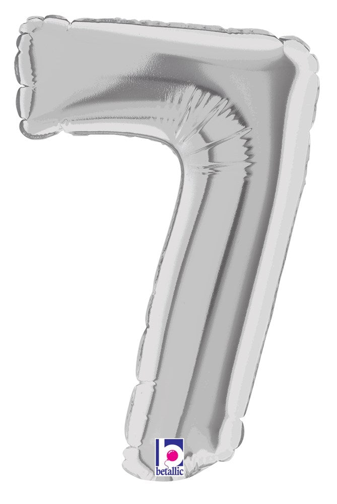 Silver foil balloon shaped like the number 7, 7 inches tall, air-filled with shiny metallic finish.