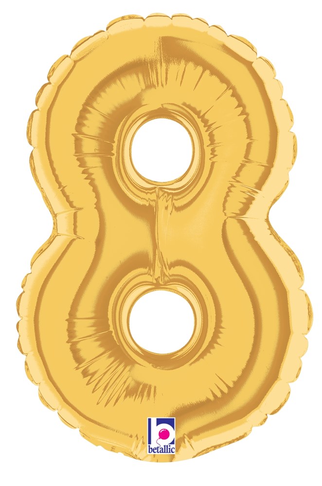 Shiny gold foil balloon shaped as the number 8, 7 inches tall, air-filled design.