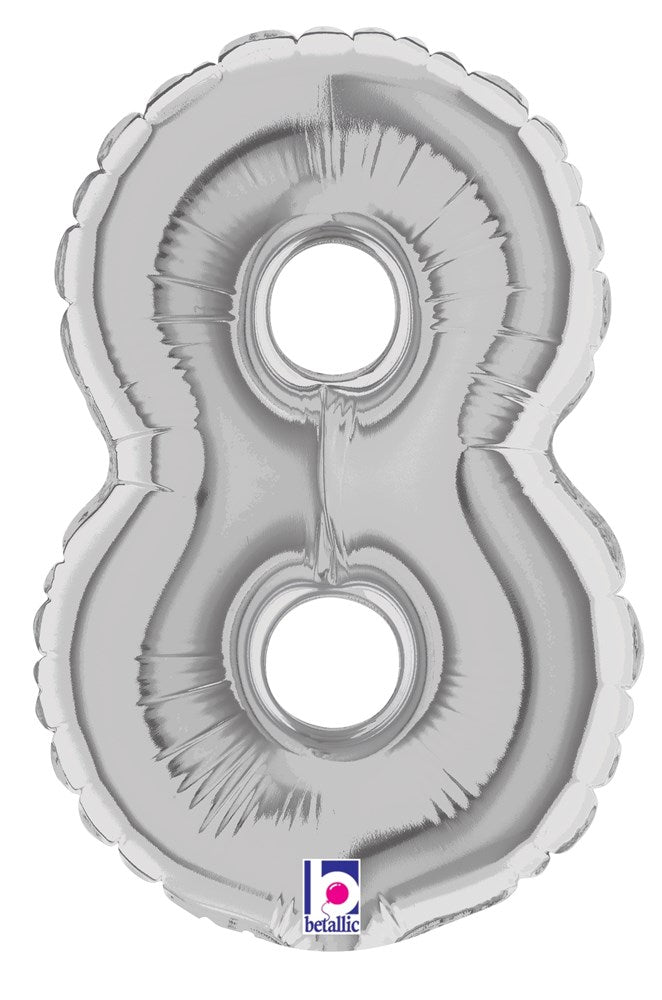 Silver metallic foil balloon shaped like the number 8, 7 inches tall, air-filled with two round cutout holes in the center.