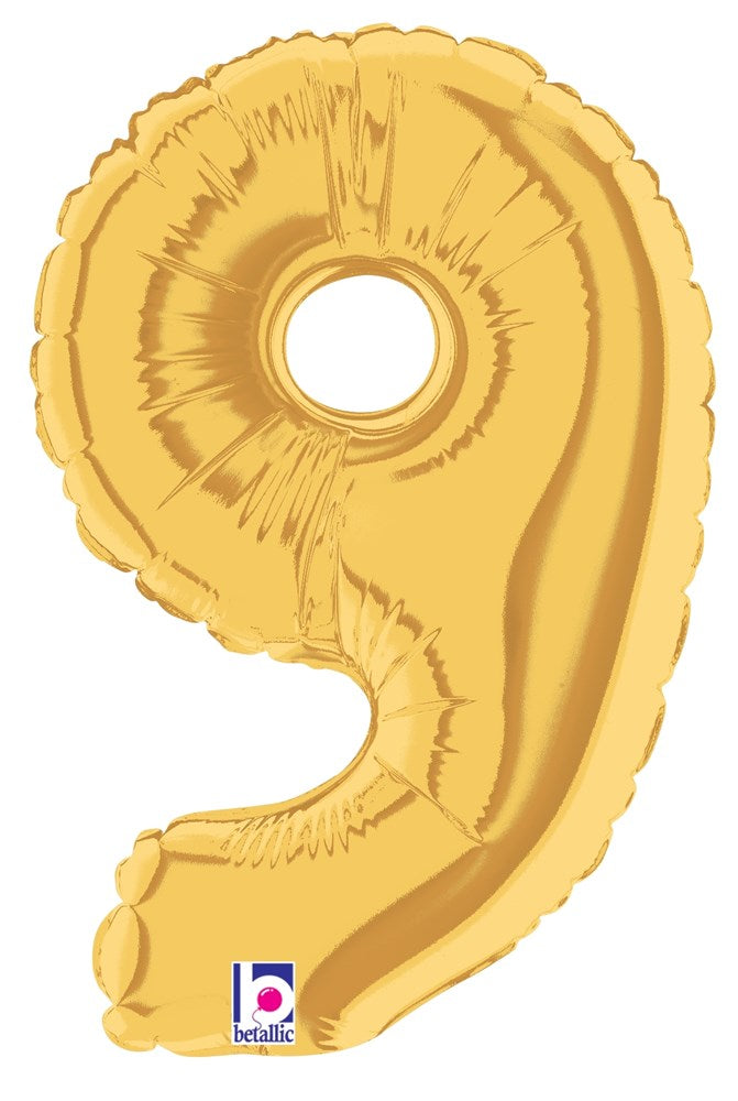 Gold metallic foil balloon shaped as the number 9 with a 7-inch size and air-filled design.