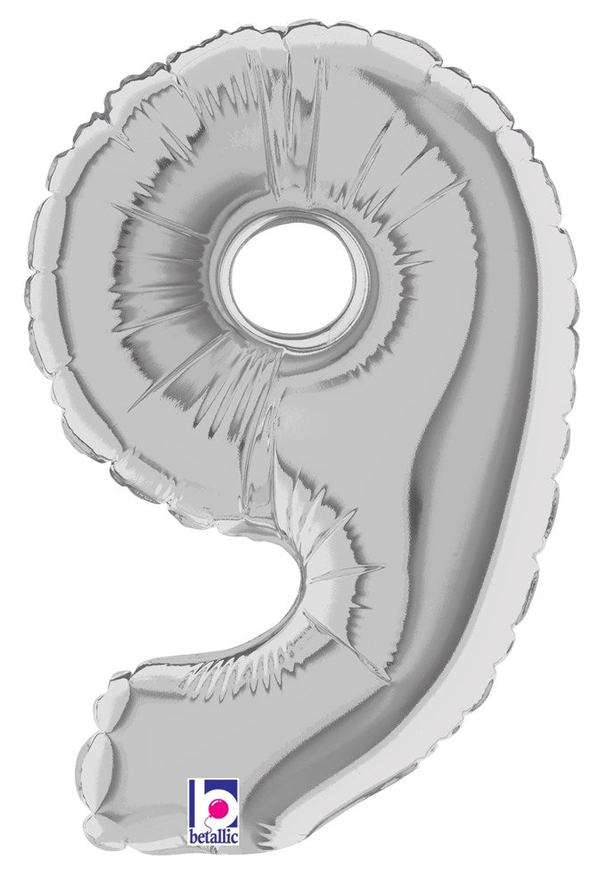 Silver foil balloon shaped like the number 9, 7 inches tall, air-filled with a central hole.