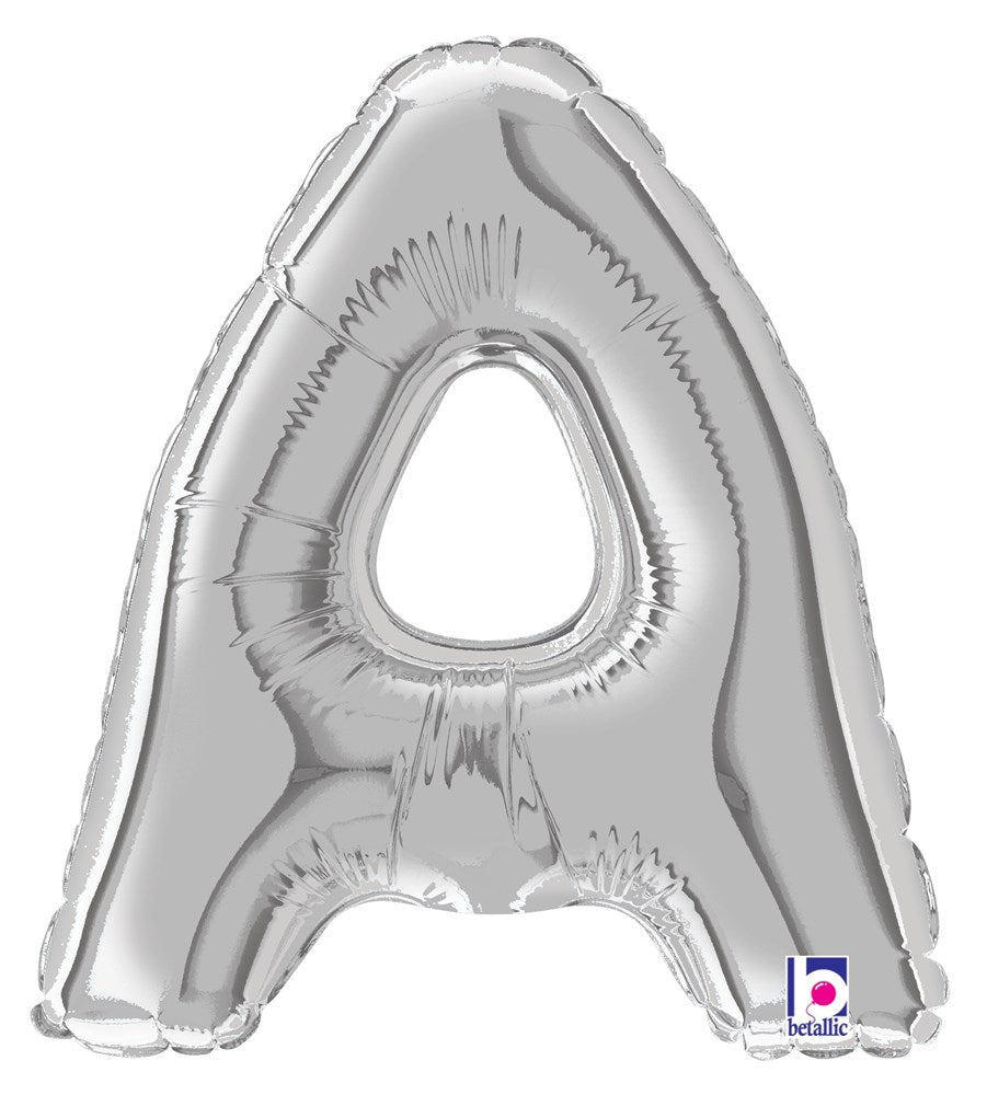 Silver metallic foil balloon shaped as the letter A, 7 inches tall, air-filled with glossy finish.