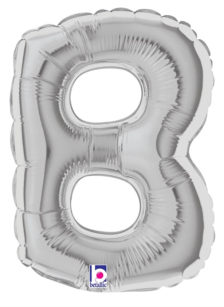 Silver metallic foil balloon shaped like the letter B, 7 inches tall, air-filled with smooth surface.