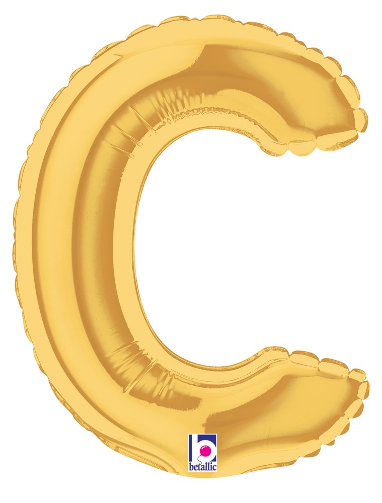 Gold metallic foil balloon shaped as the letter C, 7 inches tall, air-filled.