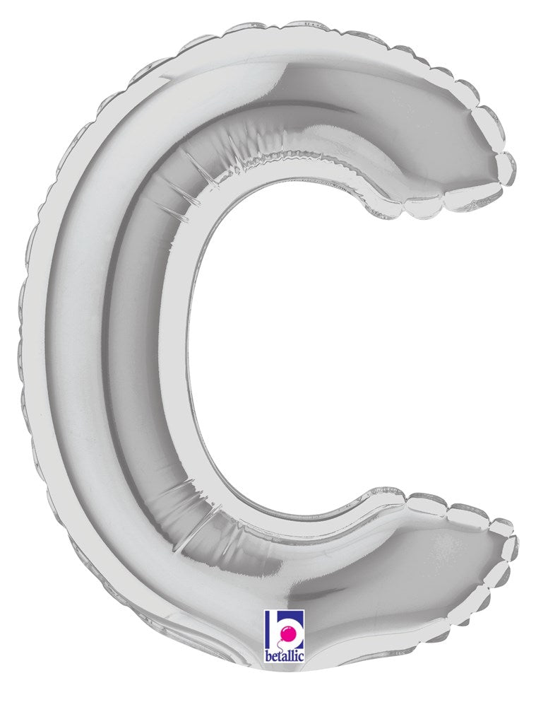 Silver metallic foil balloon shaped like the letter C, 7 inches tall, air-filled with scalloped edges.