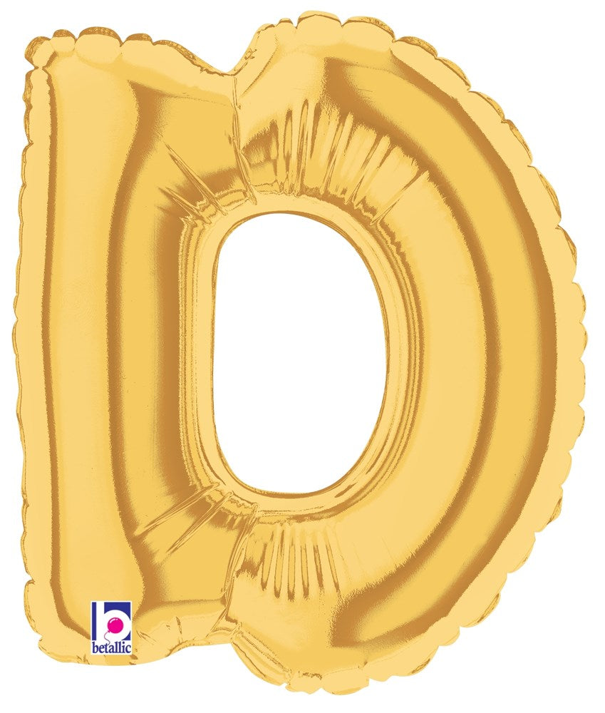Gold metallic 7-inch foil balloon shaped like the letter D with scalloped edges.
