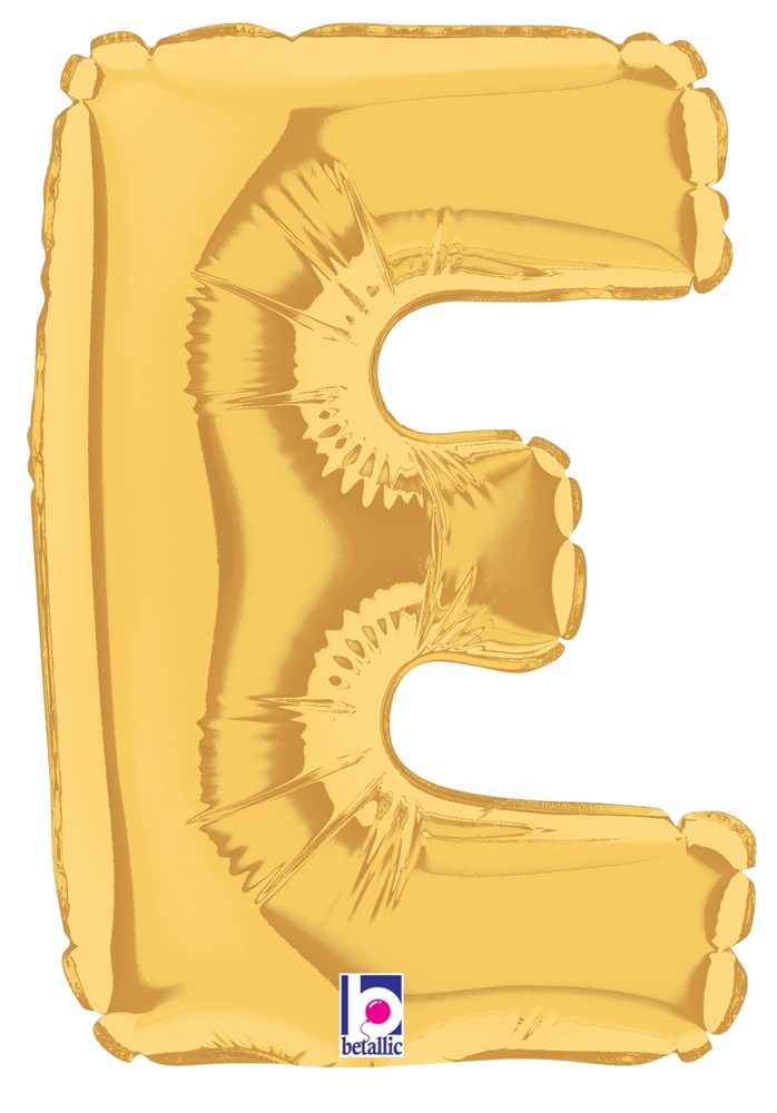 Gold metallic foil balloon shaped like the letter E, 7 inches tall, air-filled design.