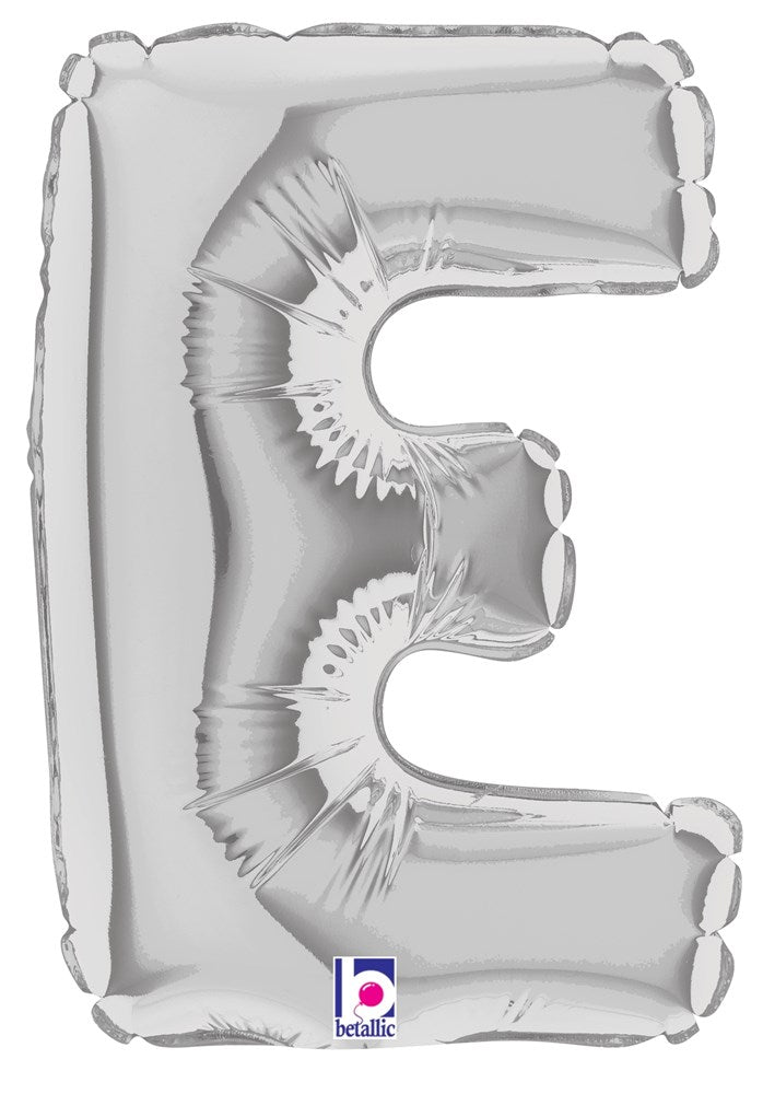 Silver metallic air-filled balloon shaped like the letter E, 7 inches tall.