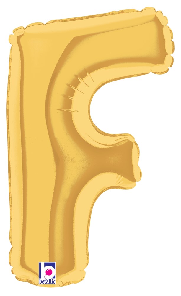 Gold foil balloon shaped as the letter F, 7 inches tall, air-filled with a shiny finish.