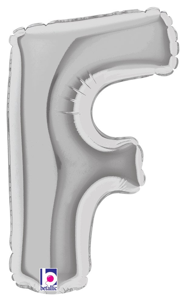 Silver metallic foil balloon shaped like the letter F, shiny air-filled surface, 7 inches tall.