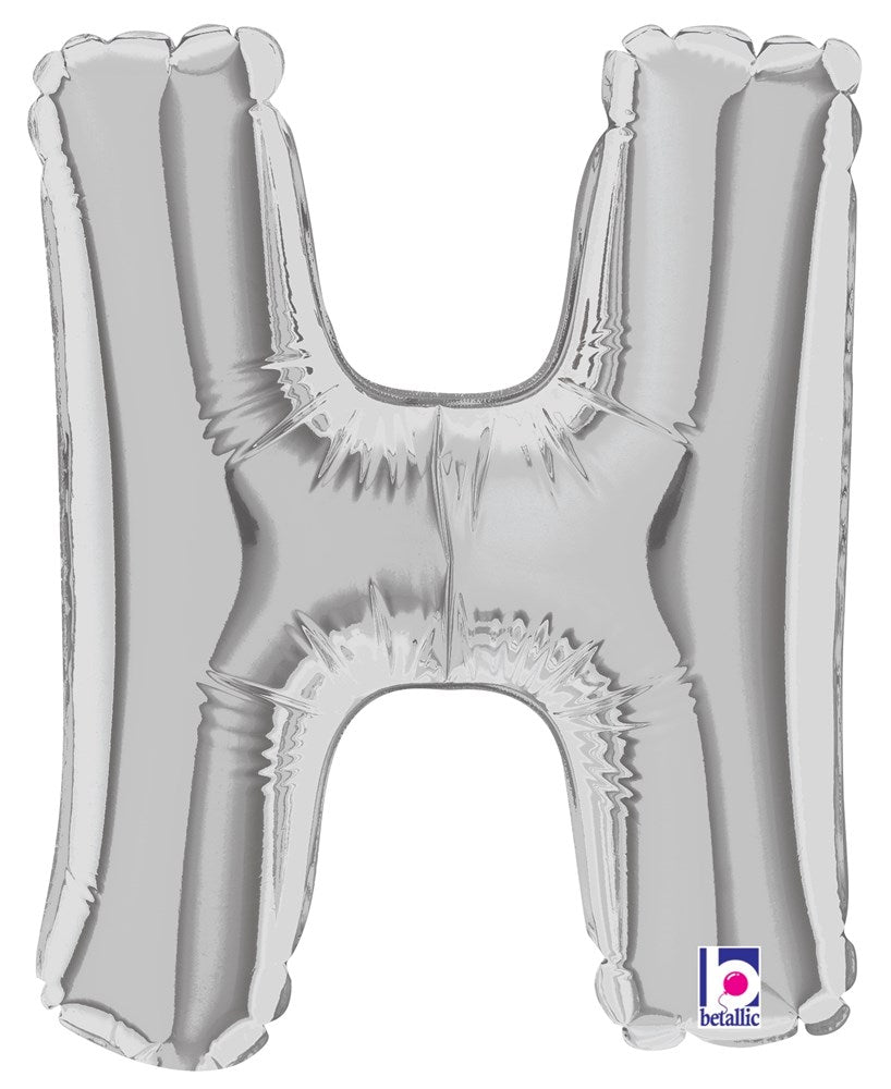 Silver metallic 7-inch air-filled balloon shaped like the letter H with glossy finish.