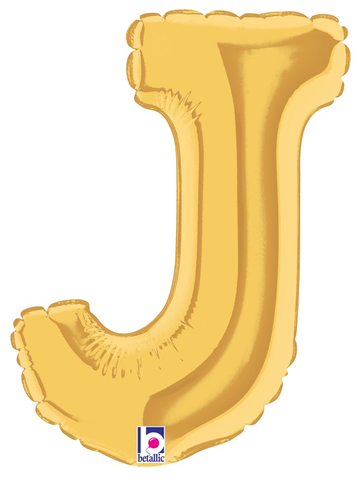 Gold foil balloon shaped like the letter J, 7 inches tall, air-filled with shiny surface.