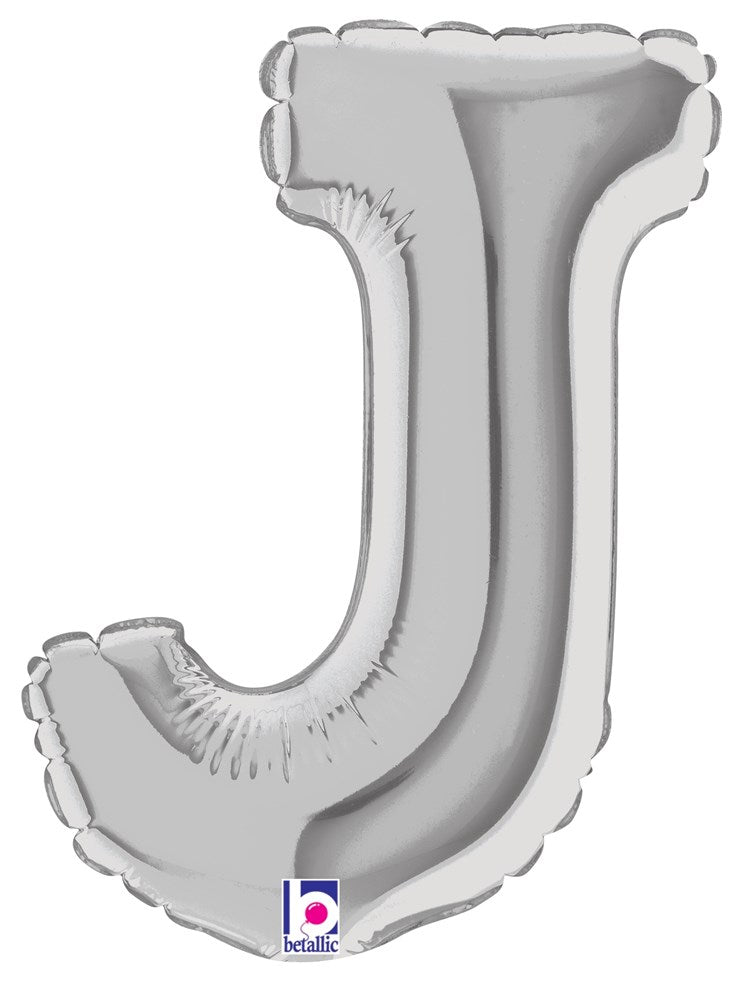 Silver metallic 7-inch air-filled balloon shaped like the letter J.