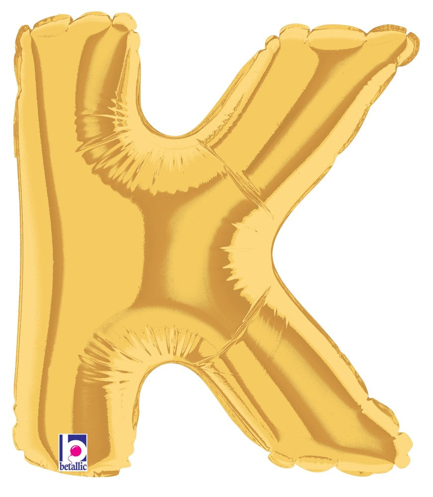 Gold metallic foil balloon shaped like the letter K, 7 inches tall, air-filled.