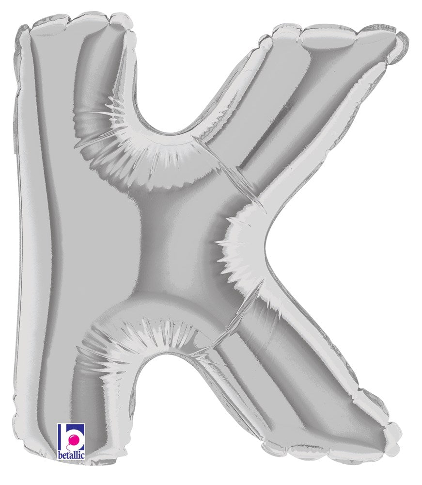 Silver metallic air-filled balloon shaped like the letter K, 7 inches tall.