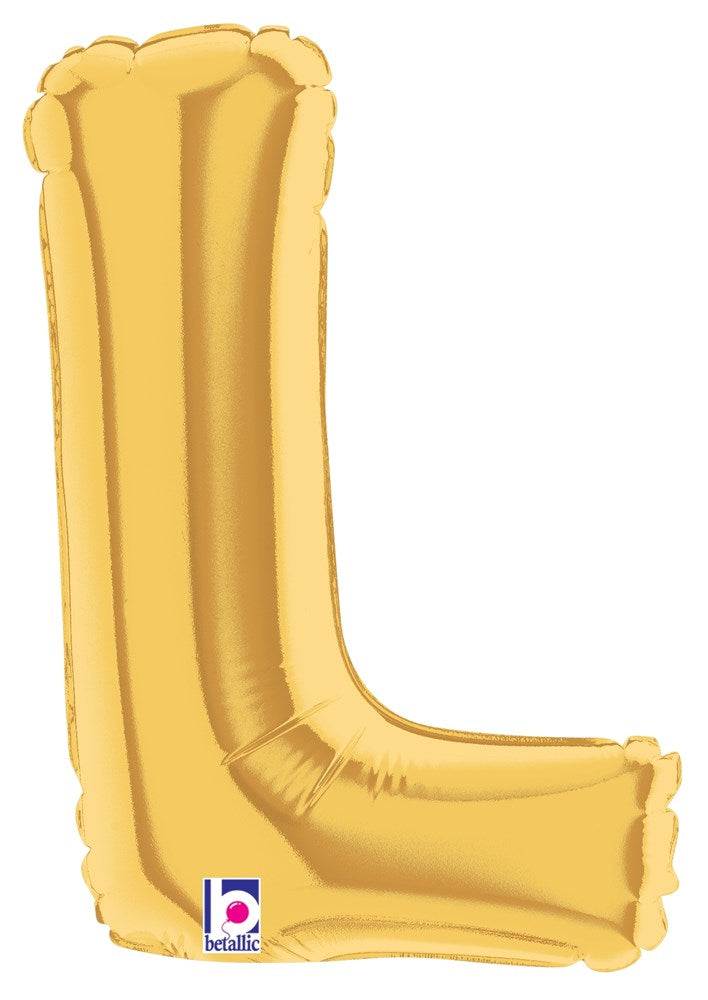 Gold metallic foil balloon shaped like the letter L, 7 inches tall, air-filled.