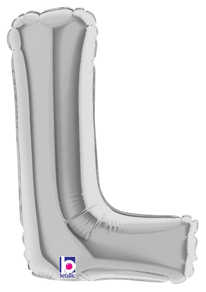 Silver metallic foil balloon shaped like a capital letter L, 7 inches tall, air-filled.