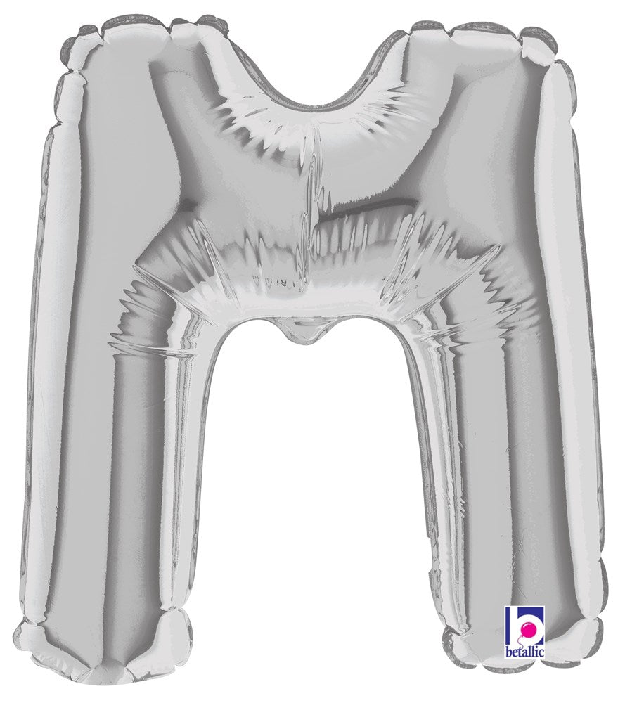 Silver 7-inch metallic letter M balloon with shiny air-filled surface.