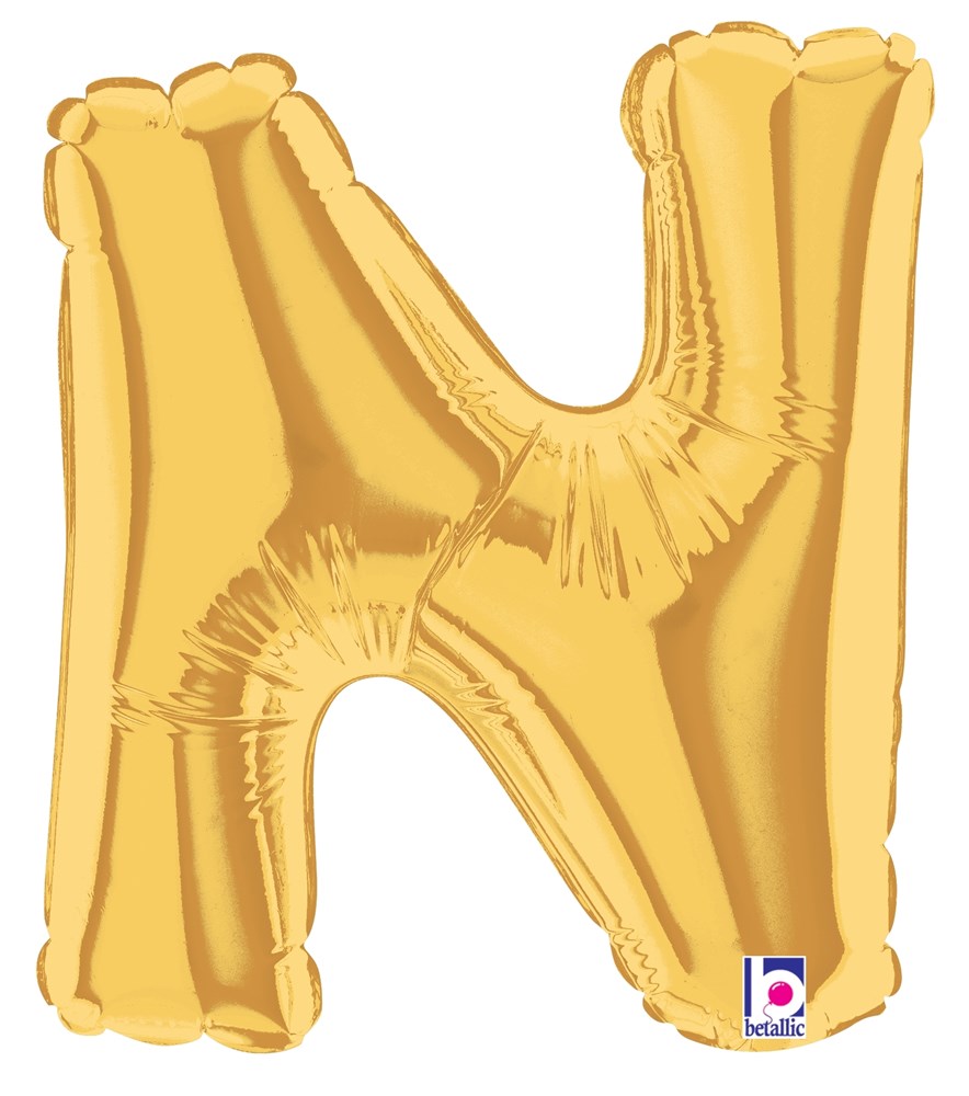 Gold metallic 7-inch foil balloon shaped like the letter N, air-filled with smooth shiny surface.