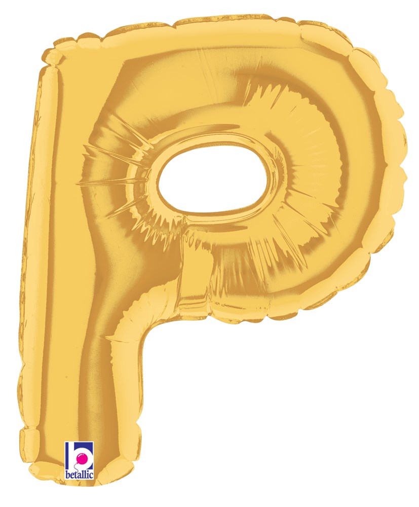 Gold foil balloon shaped like the letter P, 7-inch air-filled design with shiny finish.