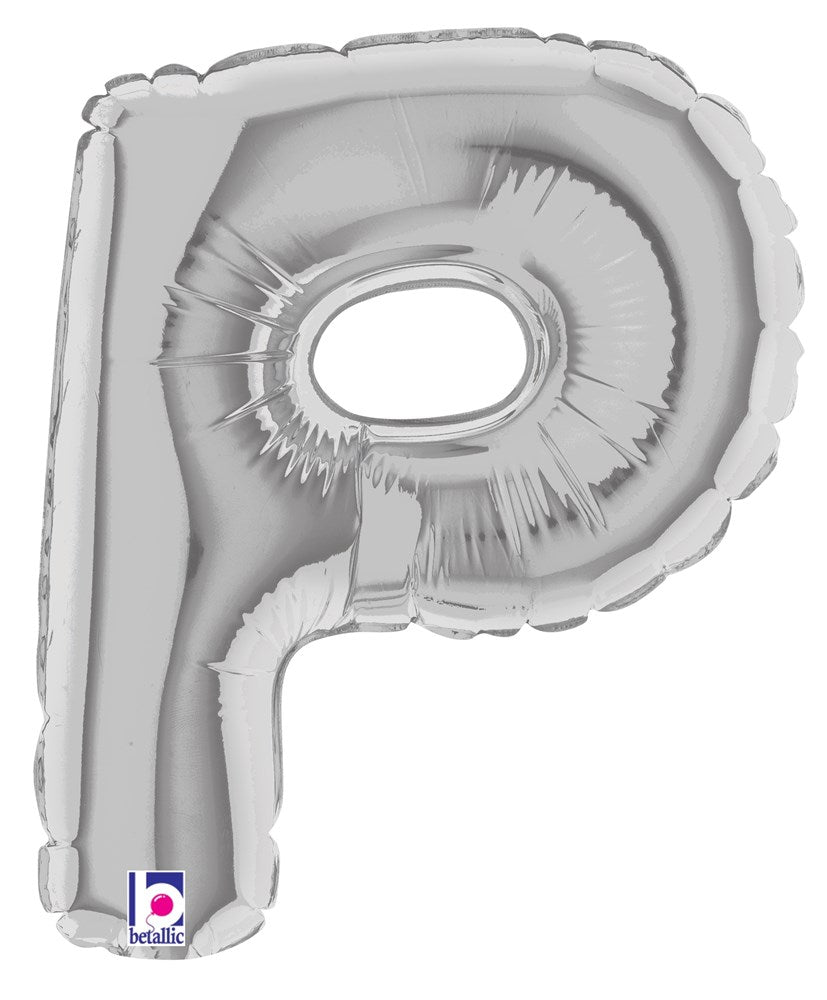 Silver foil balloon in the shape of the letter P, 7 inches tall, air-filled.