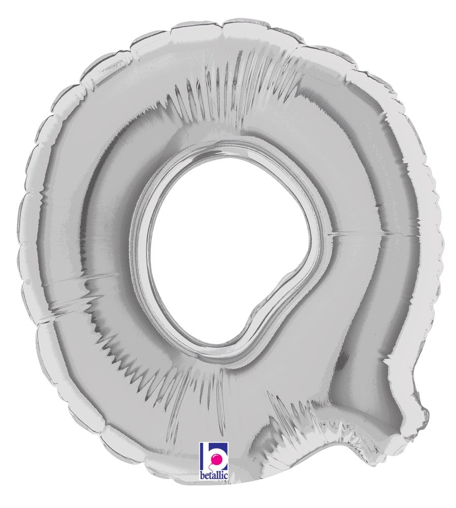 Silver metallic foil balloon shaped like the letter Q, 7 inches tall, air-filled with a shiny surface.