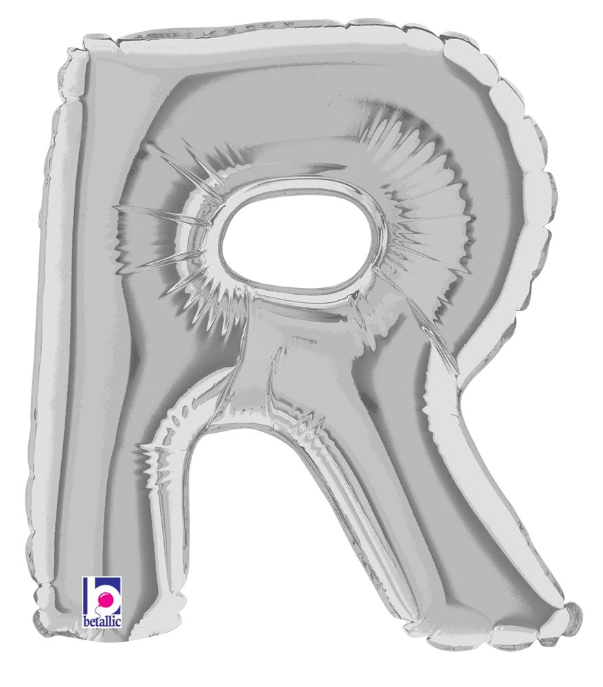 Silver metallic 7-inch foil balloon shaped like the letter R with an air-filled design.